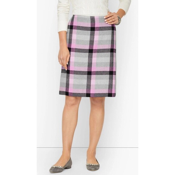 TALBOTS Pink Gray Black Dreamy Plaid Wool-Blend A-Line Skirt Sz 14 Side Zip - Picture 1 of 9